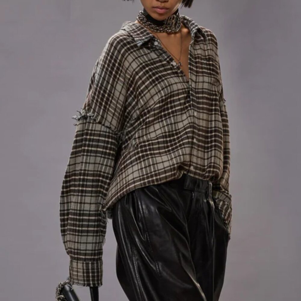 NWT R13 Shredded Seam Drop Neck Shirt - Blue & Grey Plaid